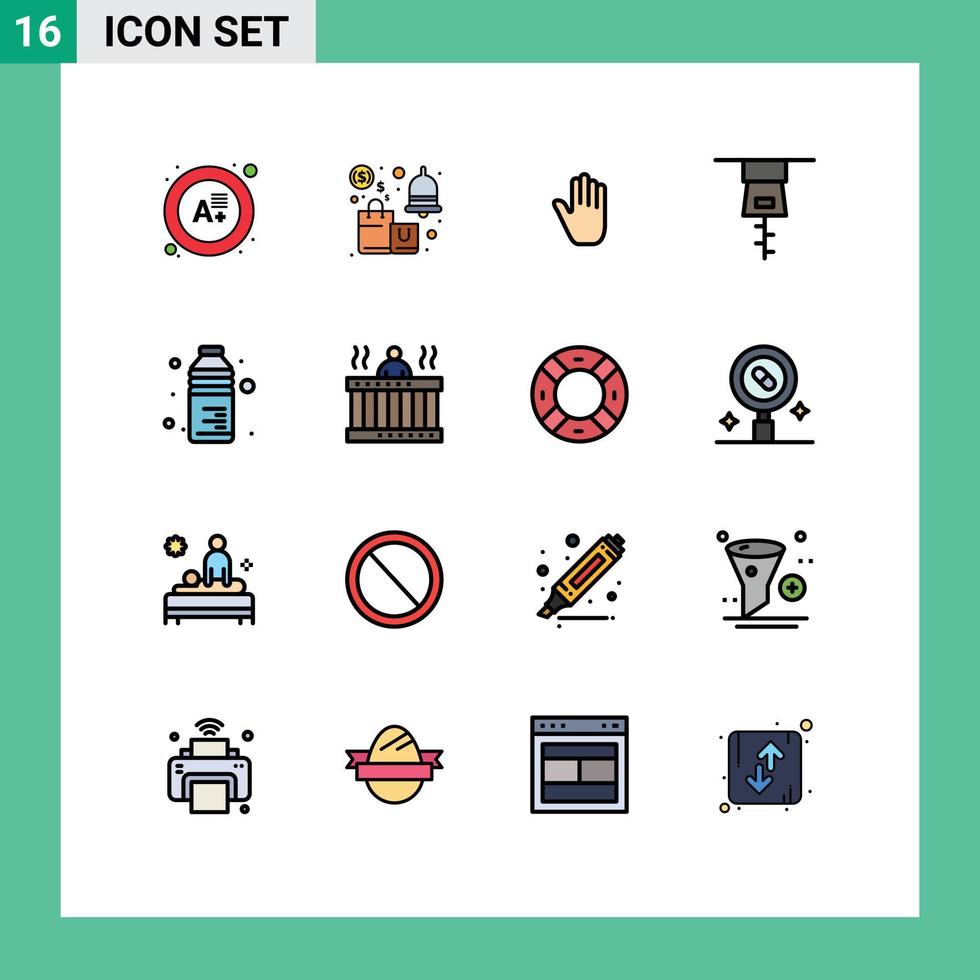 16 concepto de línea llena de color plano para sitios web móviles y aplicaciones agua bebida lenguaje corporal botella ropa elementos de diseño de vectores creativos editables