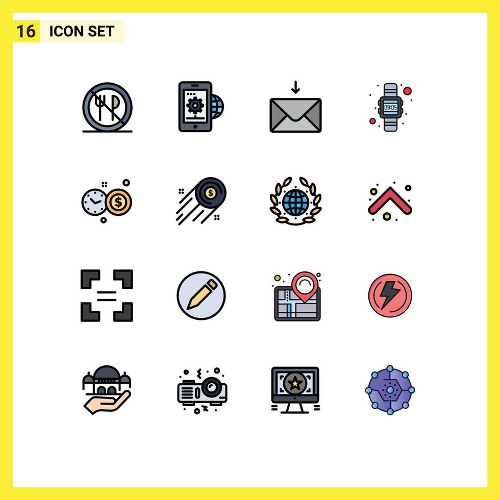 Set of 16 Commercial Flat Color Filled Lines pack for investment time hand watch setting watch digital Editable Creative Vector Design Elements