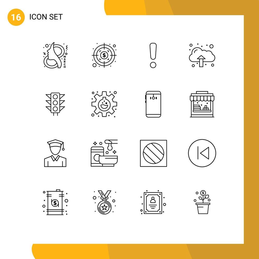Pack of 16 Modern Outlines Signs and Symbols for Web Print Media such as light trafic alert upload cloud Editable Vector Design Elements