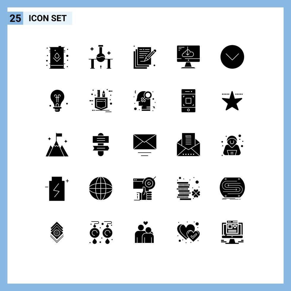 Group of 25 Solid Glyphs Signs and Symbols for install download science experiment cloud arts Editable Vector Design Elements