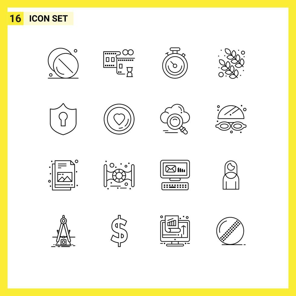 Set of 16 Modern UI Icons Symbols Signs for shield access clock nature leaf Editable Vector Design Elements
