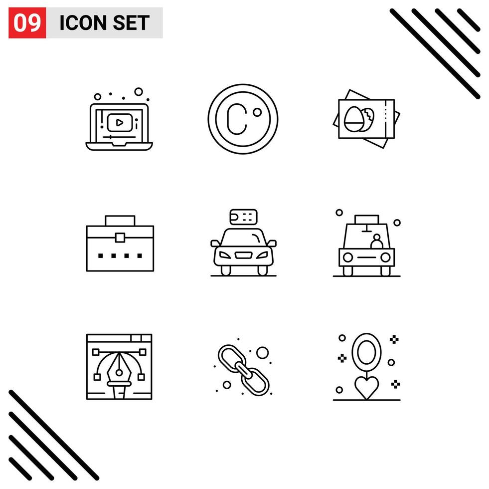 Universal Icon Symbols Group of 9 Modern Outlines of electric car egg interface worker bag Editable Vector Design Elements