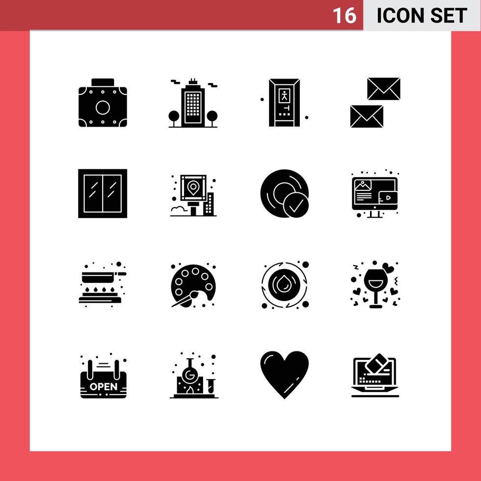 paquete de 16 signos y símbolos de glifos sólidos modernos para medios de impresión web como sobres de puertas de vidrio interiores contáctenos elementos de diseño de vectores editables