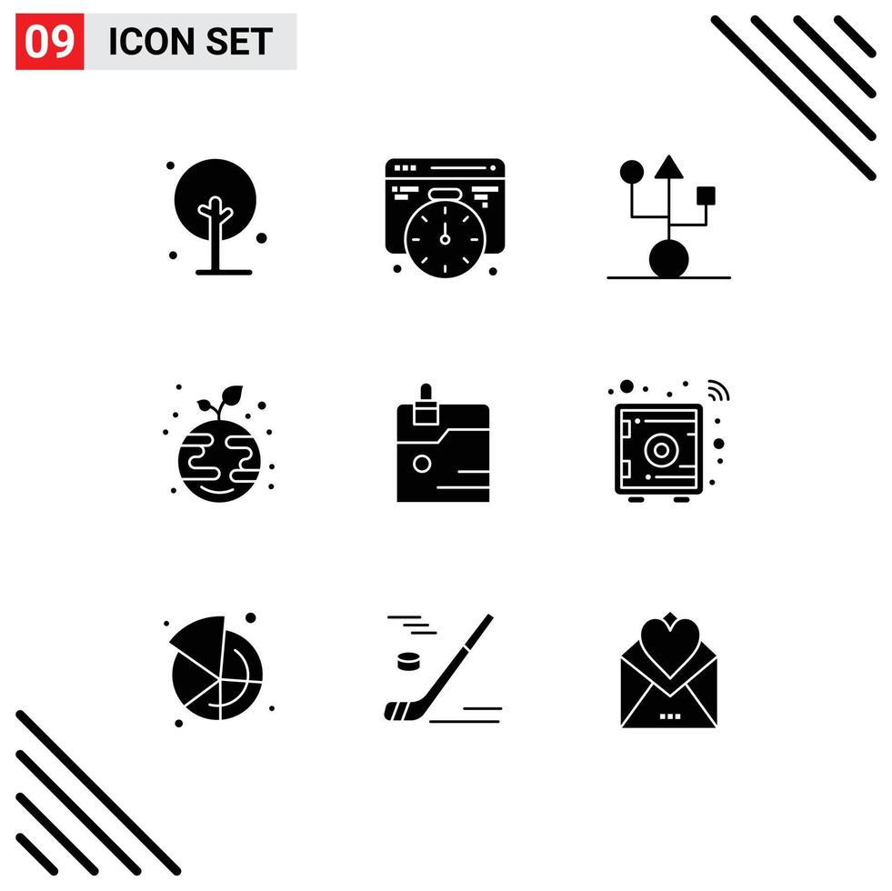 Mobile Interface Solid Glyph Set of 9 Pictograms of data globe devices plant eco Editable Vector Design Elements