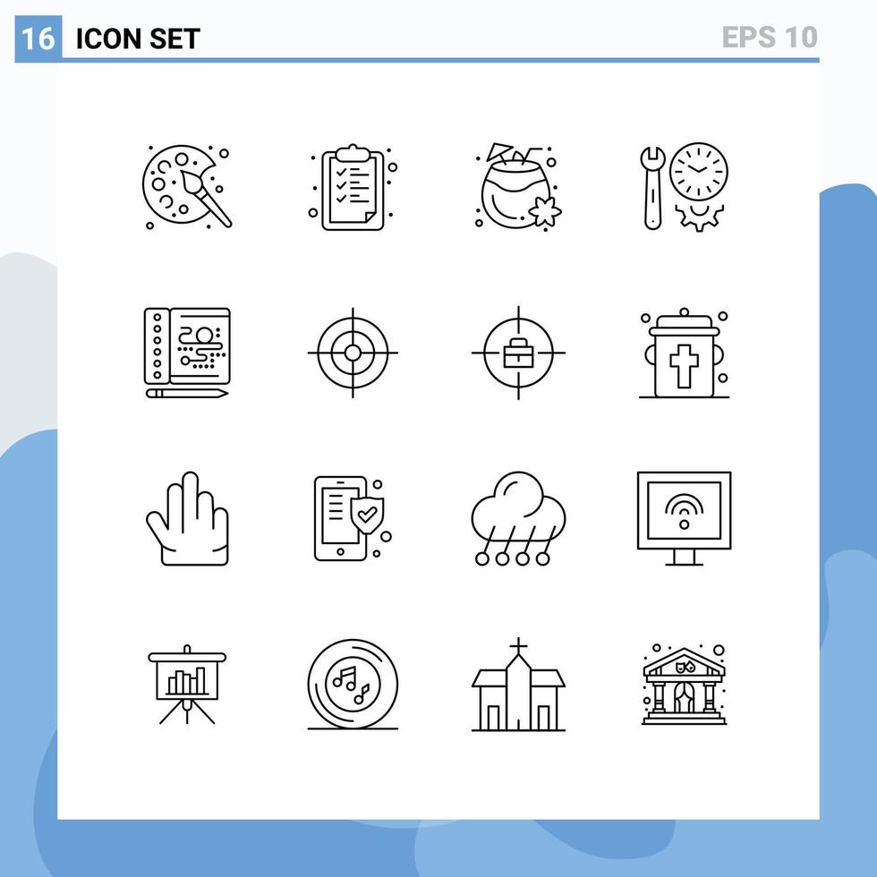 Outline Pack of 16 Universal Symbols of creative settings coconut preferences clock Editable Vector Design Elements