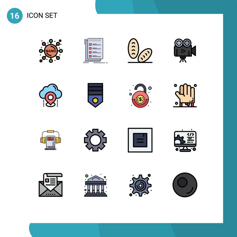 paquete de interfaz de usuario de 16 líneas básicas llenas de color plano de ubicación en la nube cámara de película de video baguette elementos de diseño de vectores creativos editables