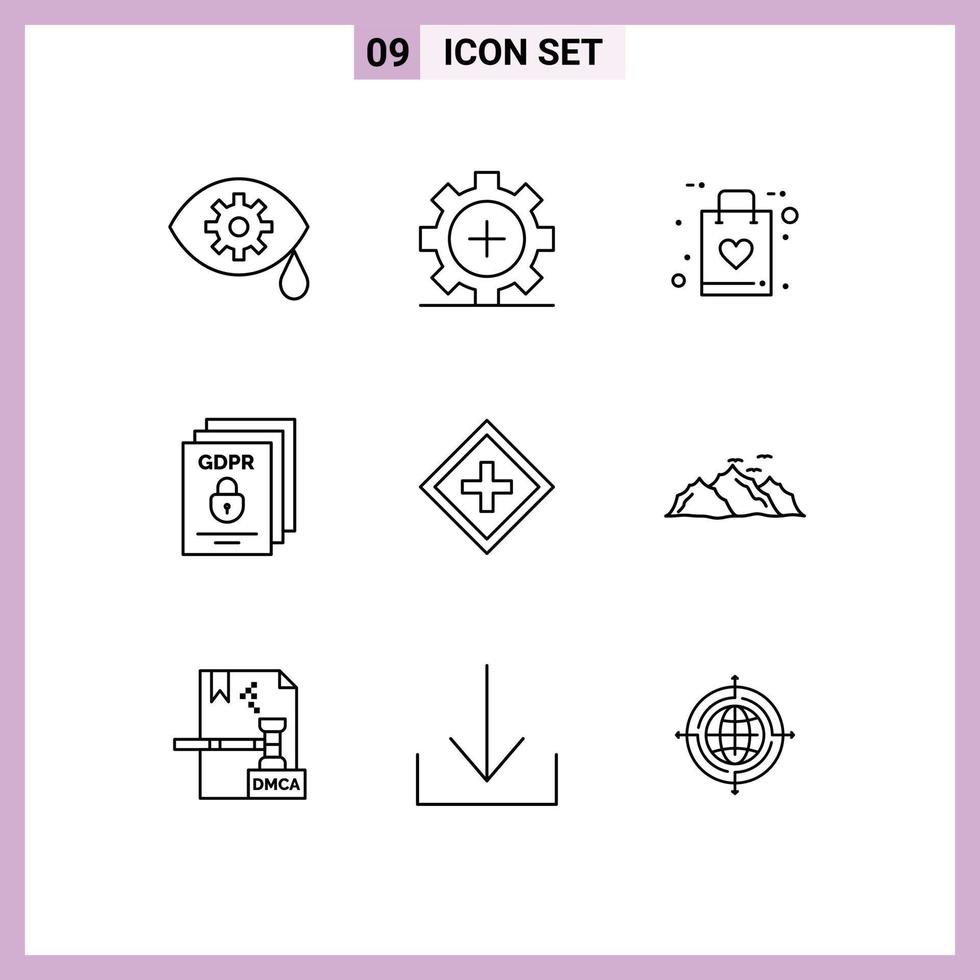 Group of 9 Modern Outlines Set for customer protect bag padlock data Editable Vector Design Elements