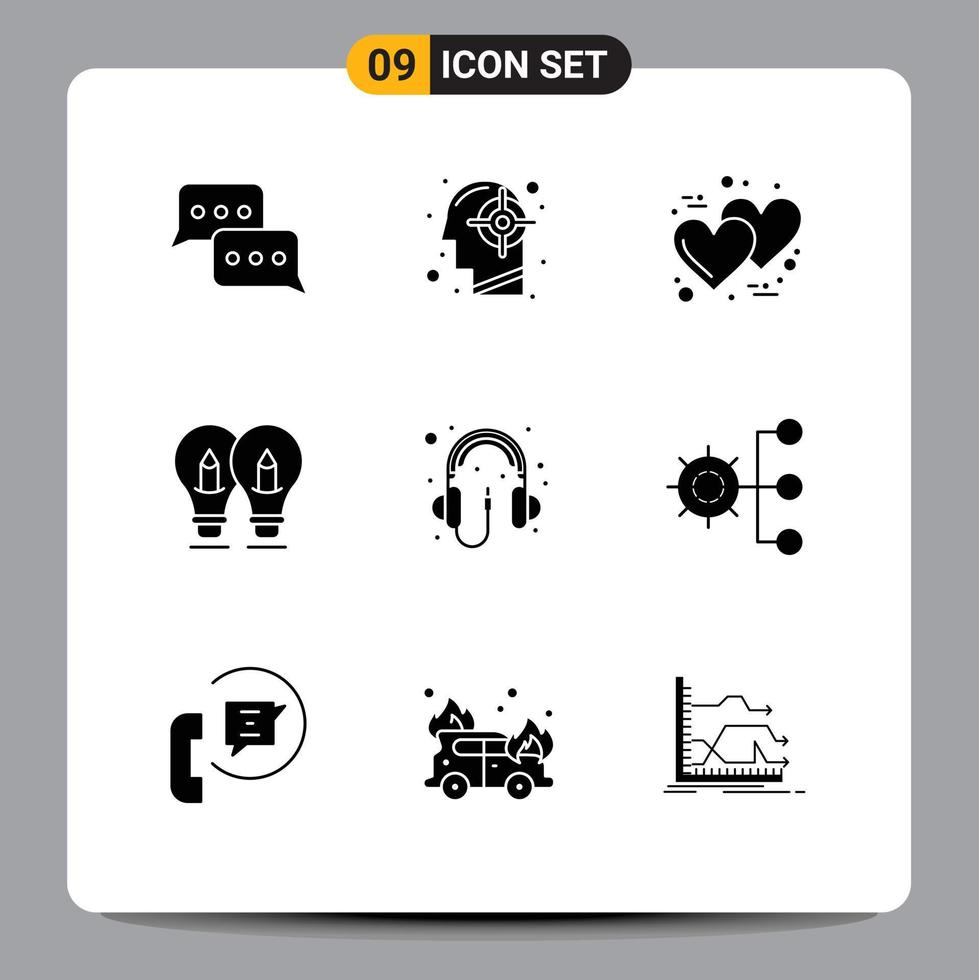 Solid Glyph Pack of 9 Universal Symbols of pencil idea mind bulb romantic Editable Vector Design Elements