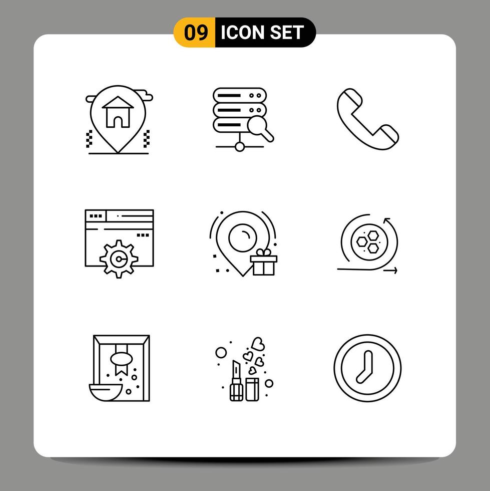 Pictogram Set of 9 Simple Outlines of location birthday contact setting design Editable Vector Design Elements