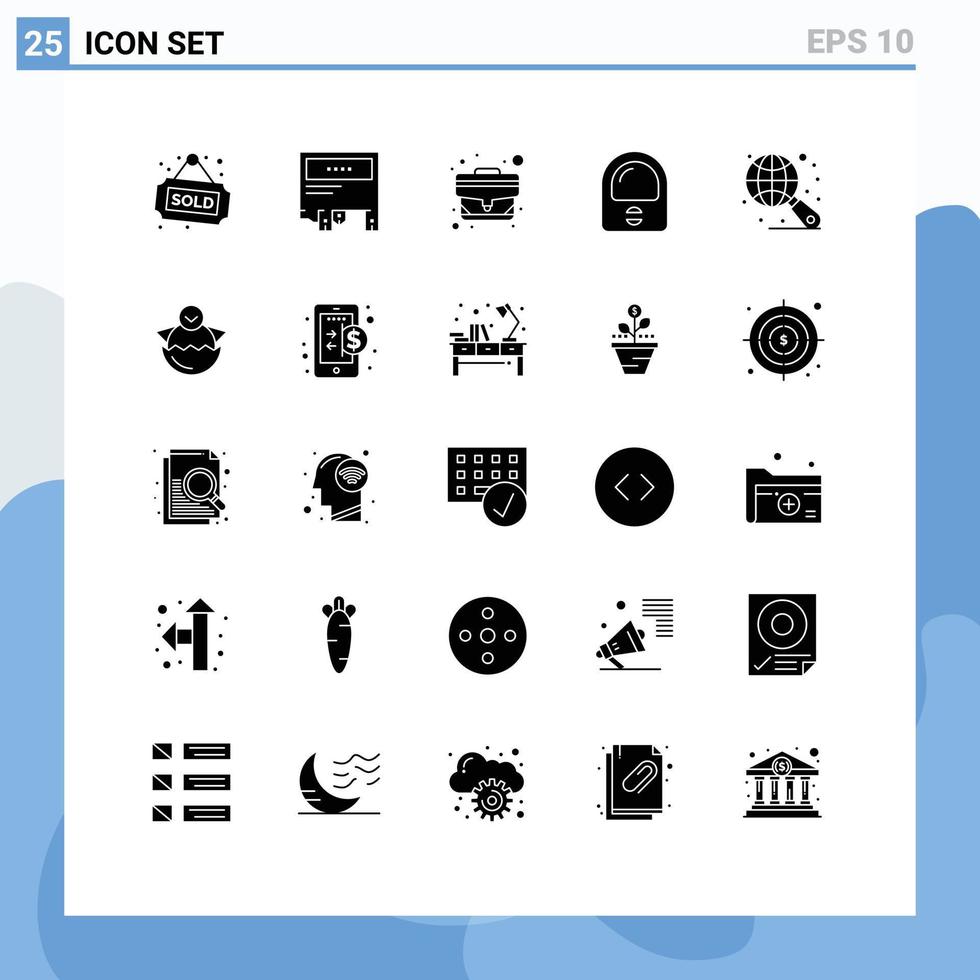 Set of 25 Vector Solid Glyphs on Grid for internet suit paper helmet office bag Editable Vector Design Elements