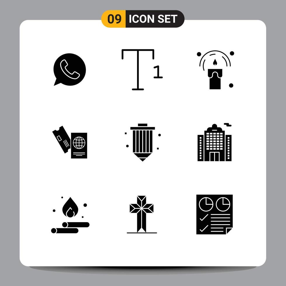 Universal Icon Symbols Group of 9 Modern Solid Glyphs of development coding light vacation tickets Editable Vector Design Elements