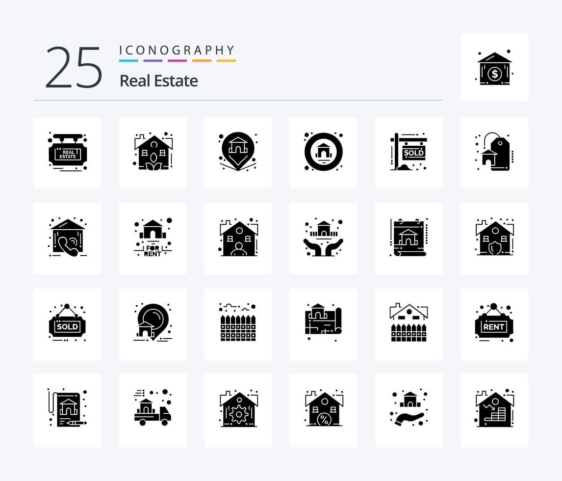 Real Estate 25 Solid Glyph icon pack including sold. house. location. real estate. home vector