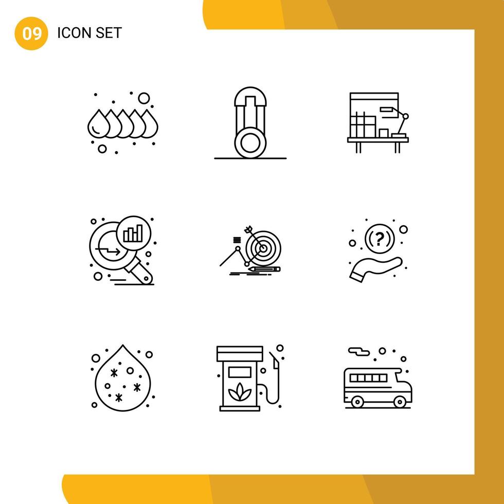 9 Universal Outline Signs Symbols of goal target desk search stats graph analysis Editable Vector Design Elements