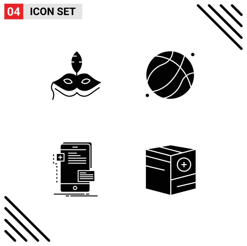 Pack of 4 Modern Solid Glyphs Signs and Symbols for Web Print Media such as mask interface mardigras father phone Editable Vector Design Elements