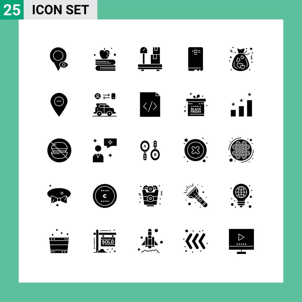 25 Thematic Vector Solid Glyphs and Editable Symbols of donation bag package camera mobile Editable Vector Design Elements