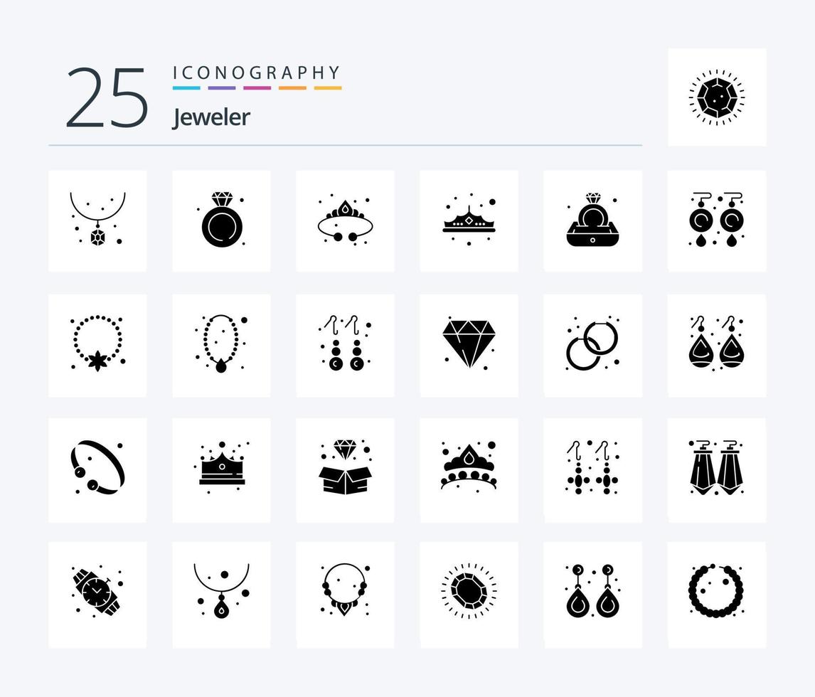paquete de iconos de 25 glifos sólidos de joyería que incluye aretes. anillo. corona. joyas. lujo vector