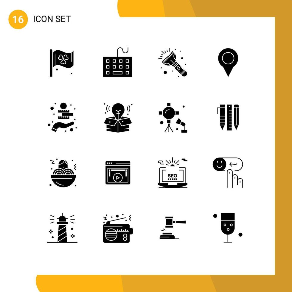 Group of 16 Solid Glyphs Signs and Symbols for coins money investment flash pin map Editable Vector Design Elements