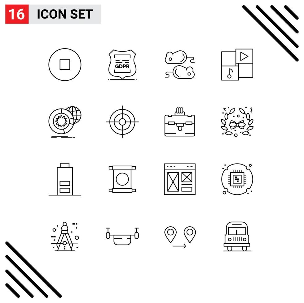 Pack of 16 Modern Outlines Signs and Symbols for Web Print Media such as analysis data testng music video Editable Vector Design Elements