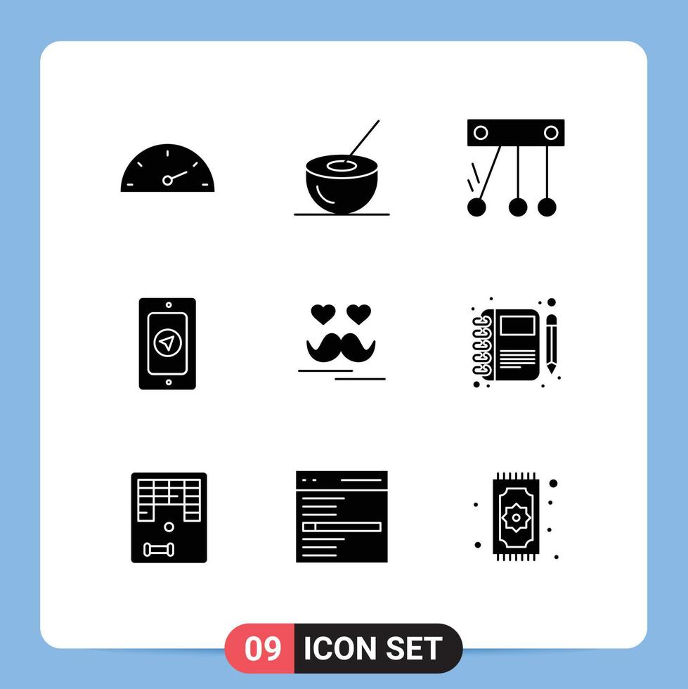 Pack of 9 Modern Solid Glyphs Signs and Symbols for Web Print Media such as moustache day movement celebrate pin Editable Vector Design Elements