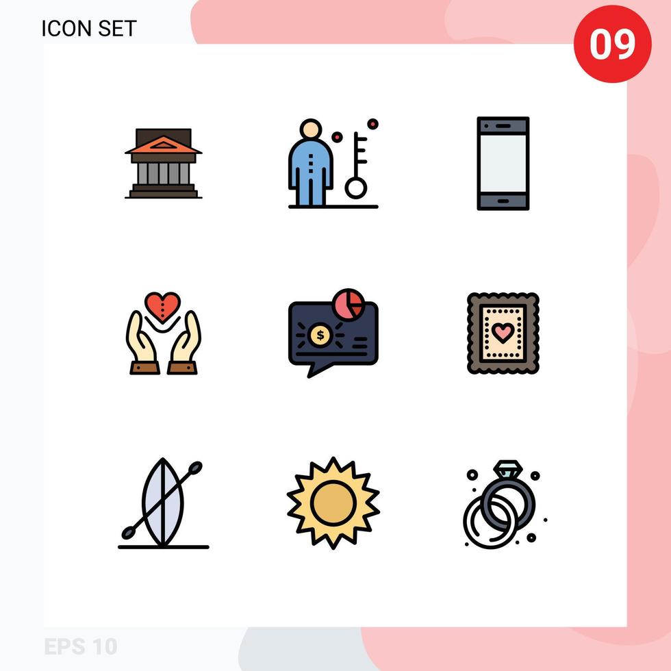 conjunto de colores planos de línea de relleno de interfaz móvil de 9 pictogramas de elementos de diseño de vector editables de persona de contacto de empleado de teléfono inteligente