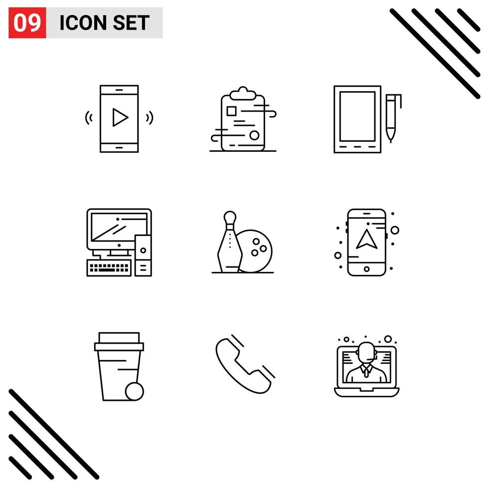 Modern Set of 9 Outlines and symbols such as pc equipment paper computer pencil Editable Vector Design Elements