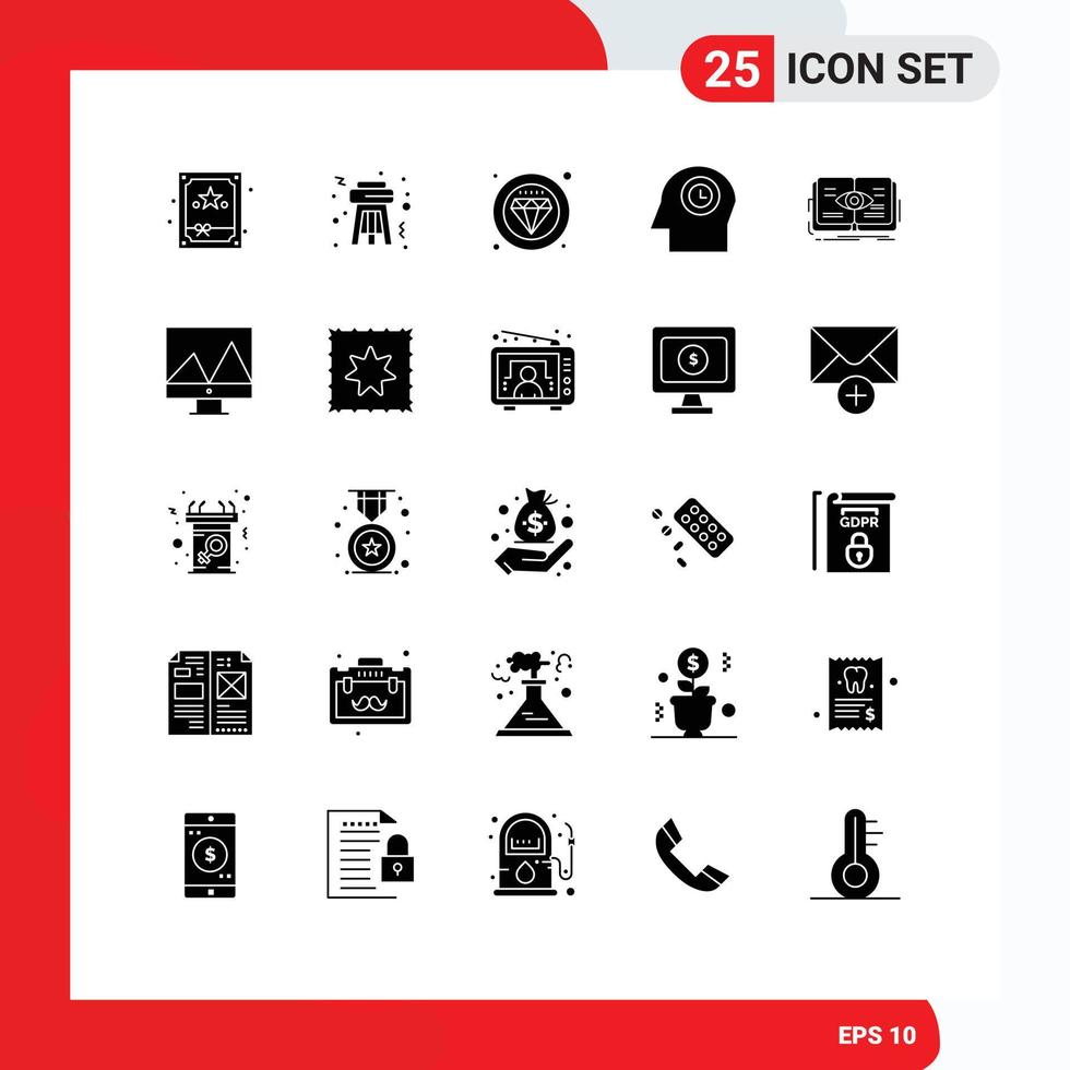 Mobile Interface Solid Glyph Set of 25 Pictograms of growth eye quality book time Editable Vector Design Elements