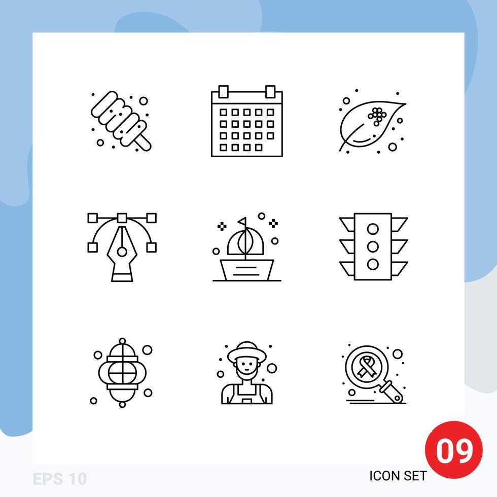 conjunto de pictogramas de 9 contornos simples de barco océano huevos barco gráfico editable vector diseño elementos