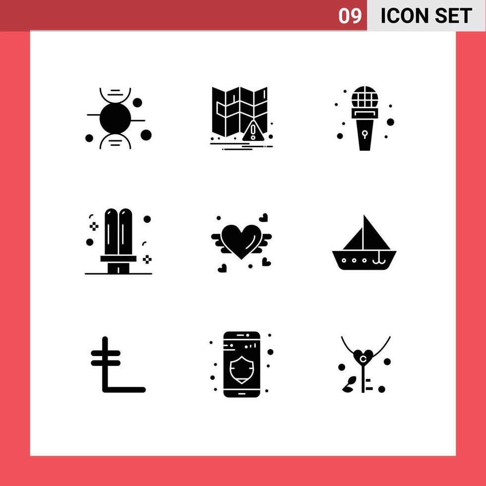 User Interface Pack of 9 Basic Solid Glyphs of love light microphone fluorescent electricity Editable Vector Design Elements