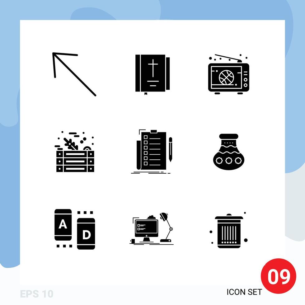 Group of 9 Modern Solid Glyphs Set for expertise vegetables broadcast salad tv Editable Vector Design Elements