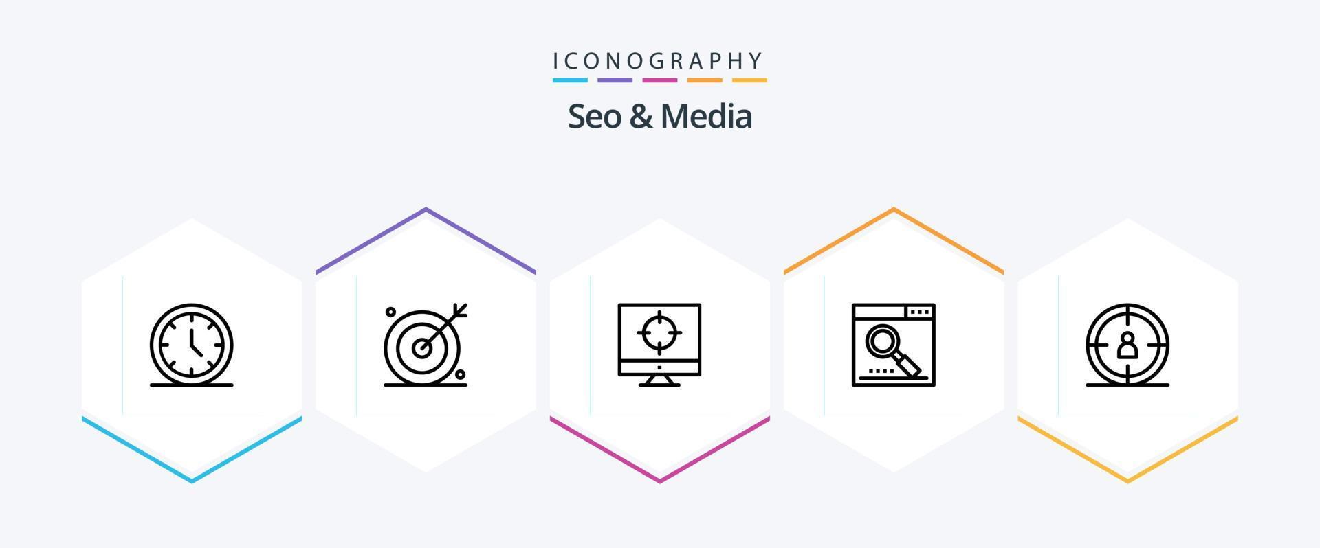 Seo and Media 25 Line icon pack including search. optimize. seo. media. targeting vector