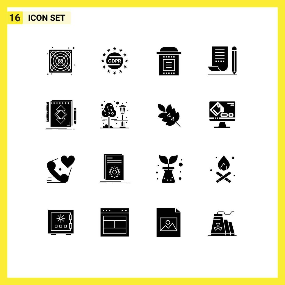 Set of 16 Vector Solid Glyphs on Grid for design notepad graves notebook jotter Editable Vector Design Elements