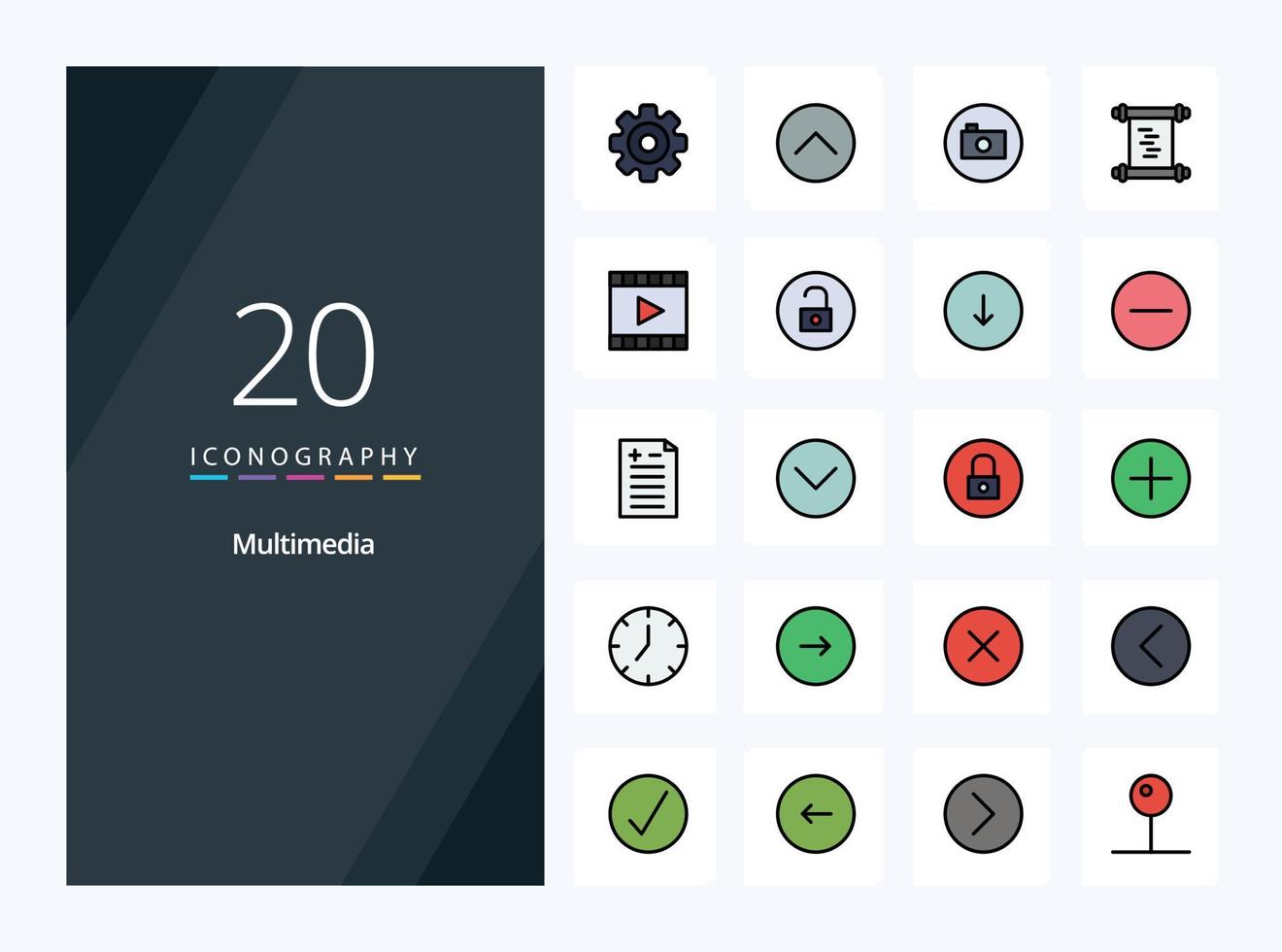 20 Multimedia line Filled icon for presentation vector