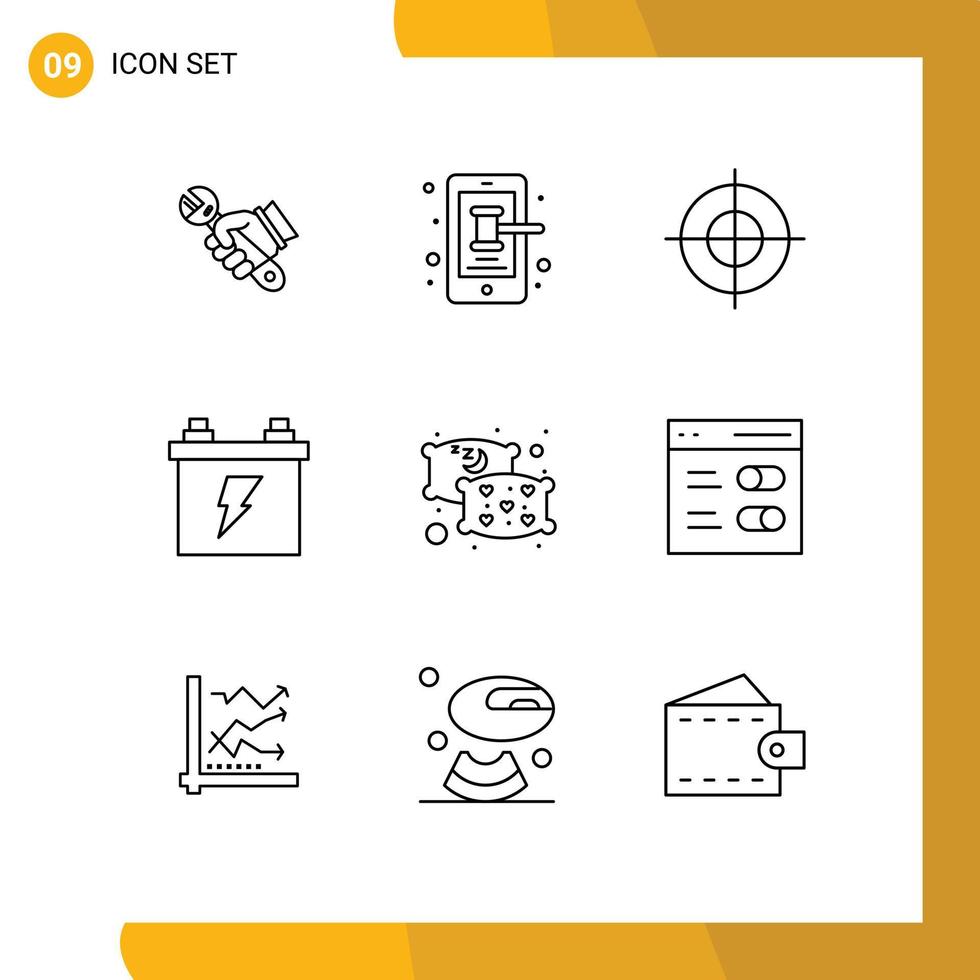 Universal Icon Symbols Group of 9 Modern Outlines of pillow electric trade battery target Editable Vector Design Elements