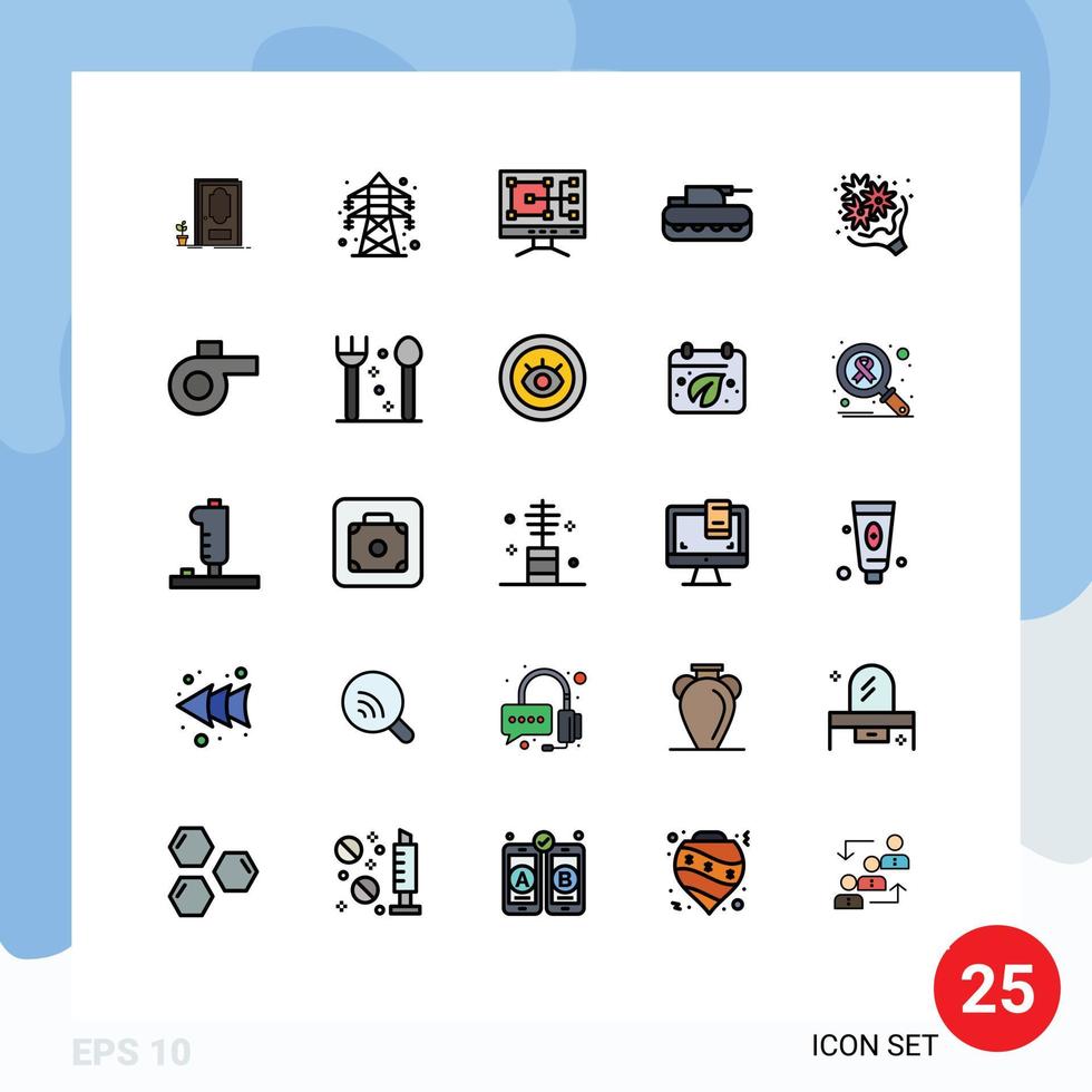 grupo de 25 signos y símbolos de colores planos de línea rellena para elementos de diseño de vectores editables militares de tanque de computadora de cumpleaños de regalo