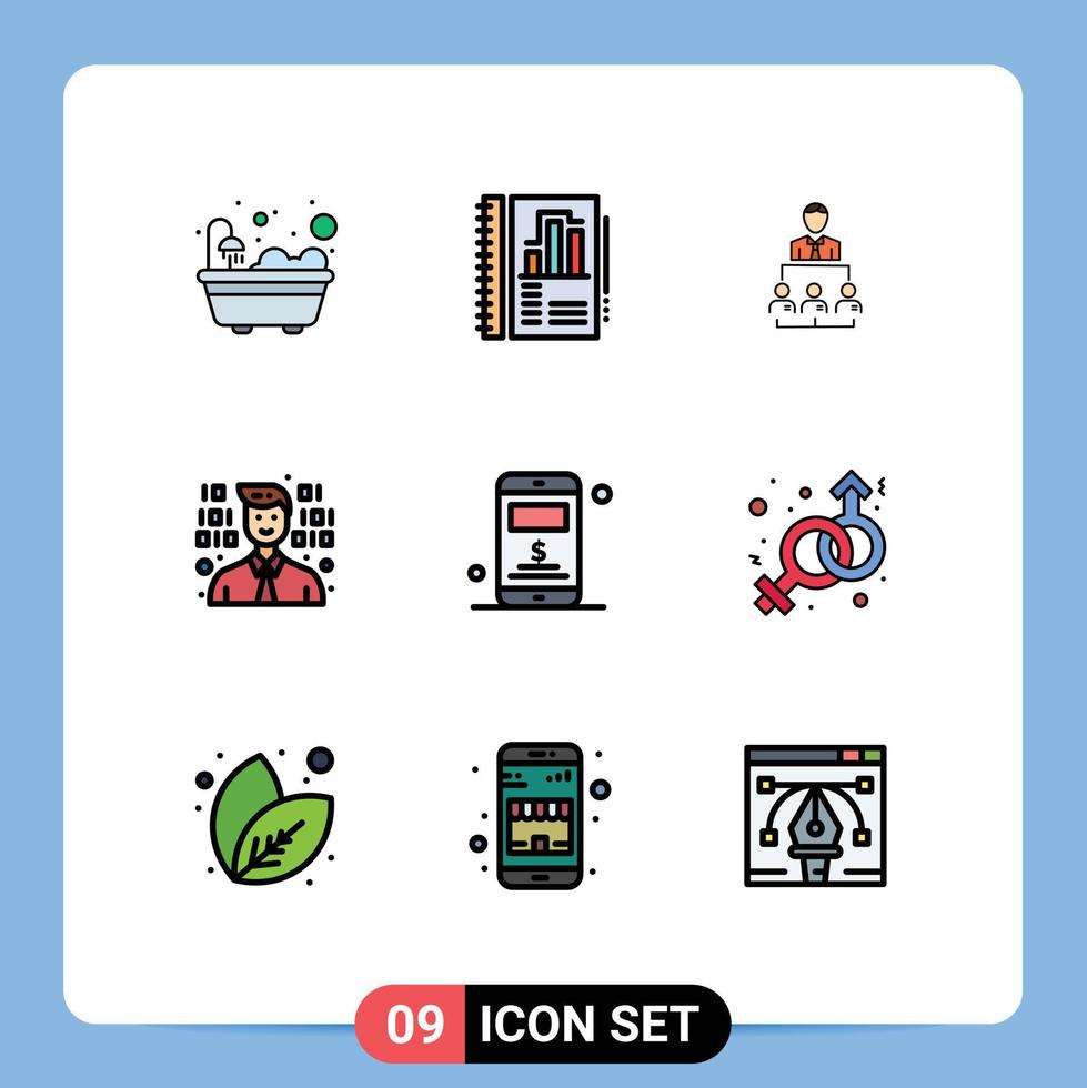 Pack of 9 Modern Filledline Flat Colors Signs and Symbols for Web Print Media such as dollar mobile business programming development Editable Vector Design Elements