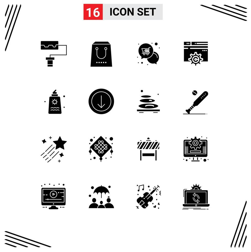 Group of 16 Solid Glyphs Signs and Symbols for fountain setting notification gear web Editable Vector Design Elements