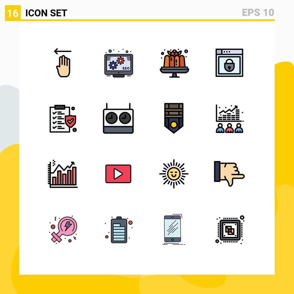 16 Universal Flat Color Filled Lines Set for Web and Mobile Applications policy document dessert web security password Editable Creative Vector Design Elements