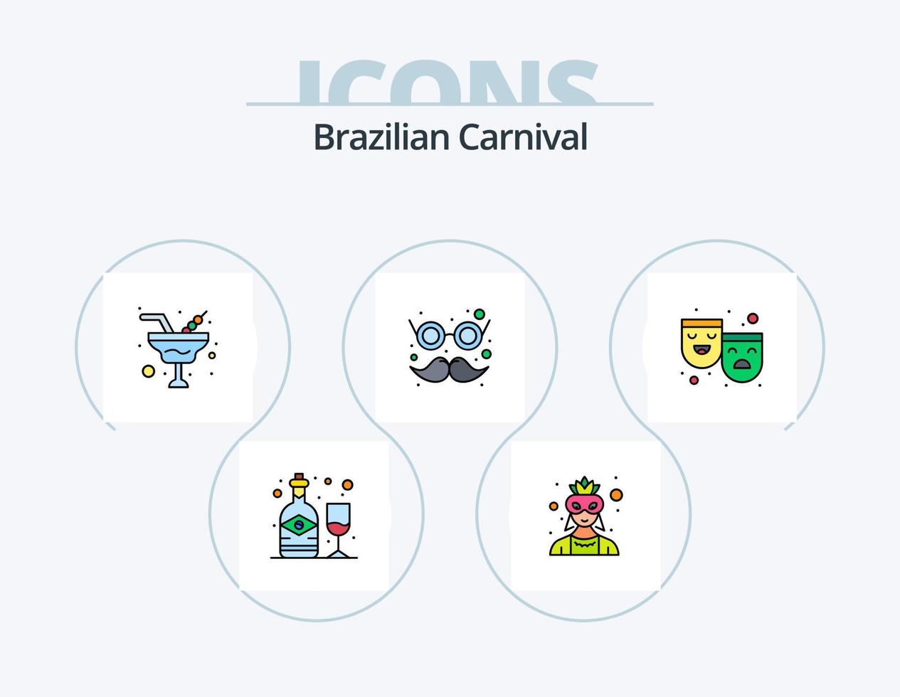 Brazilian Carnival Line Filled Icon Pack 5 Icon Design. surf. beach. fancy glasses. play. umbrella vector