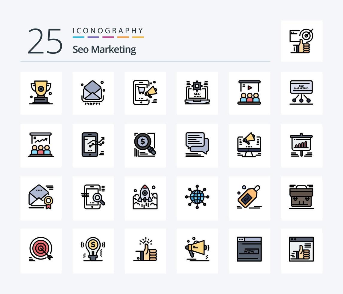 Seo Marketing 25 Line Filled icon pack including web. seo. inbox. online. shopping vector