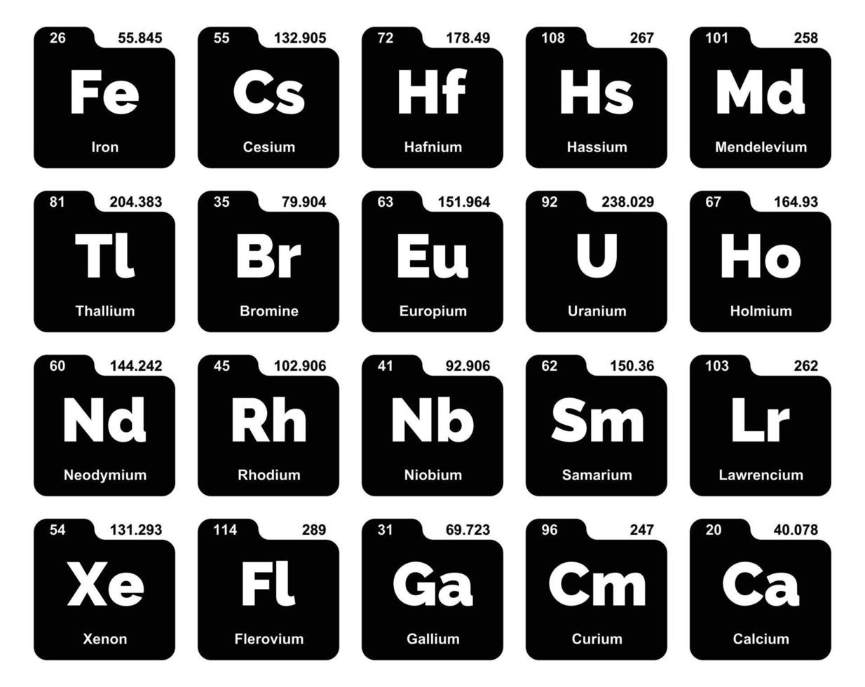 diseño de paquete de iconos de 20 tablas preiodicas de los elementos vector