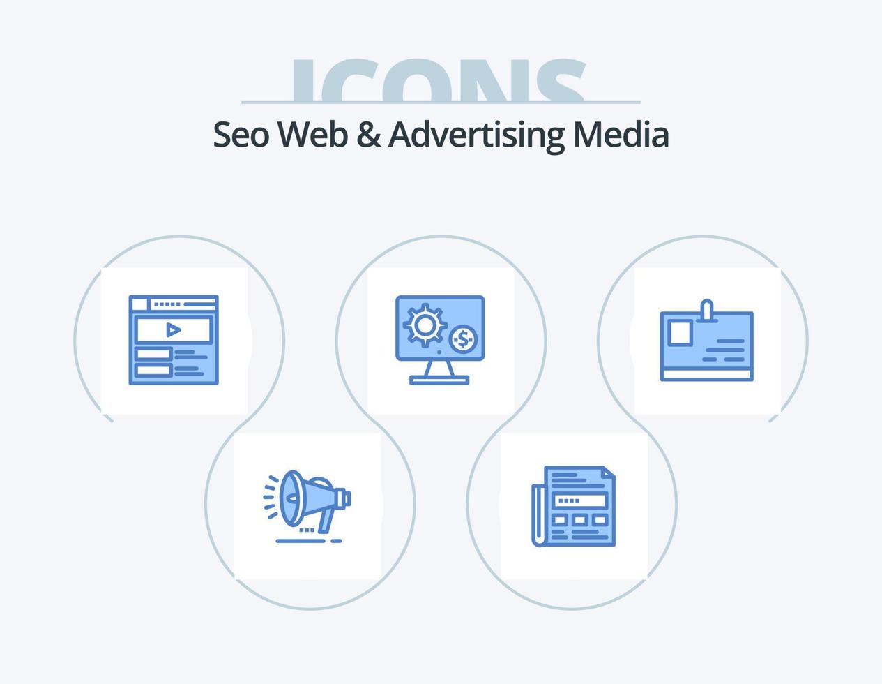 Seo Web And Advertising Media Blue Icon Pack 5 Icon Design. money. setting. video. screen. generator vector