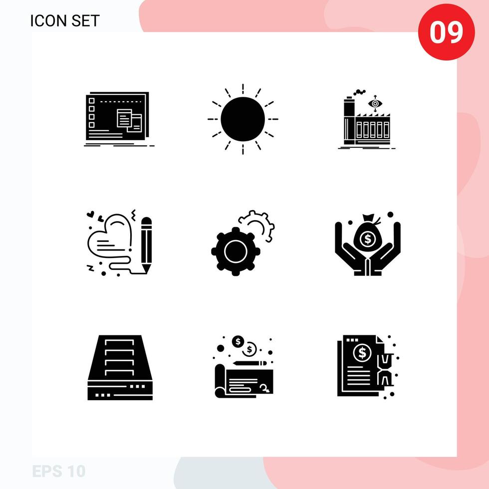 Modern Set of 9 Solid Glyphs Pictograph of wedding love sunrise heart business Editable Vector Design Elements