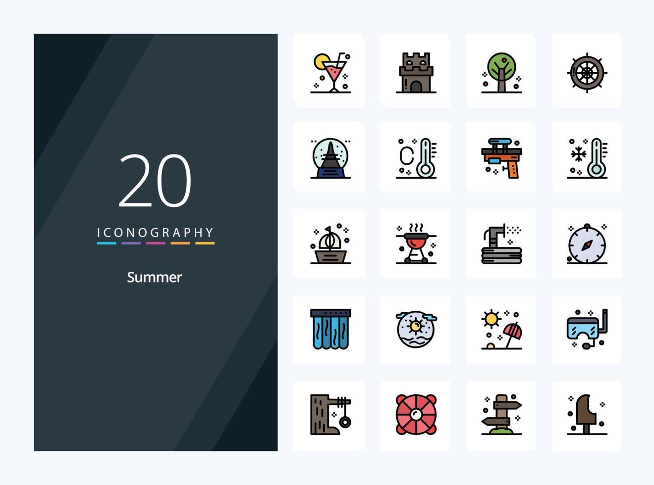 20 icono lleno de línea de verano para presentación vector