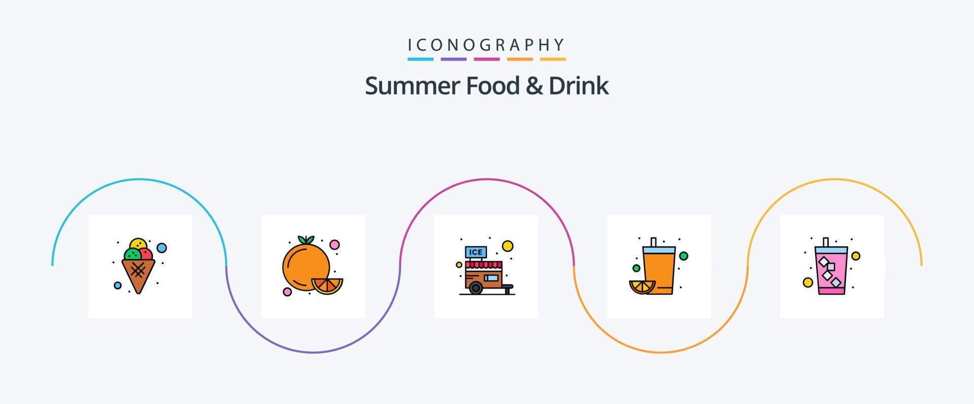 la línea de alimentos y bebidas de verano llenó el paquete de 5 íconos planos que incluye bebidas. jugo. comercio. fruta. congelado vector