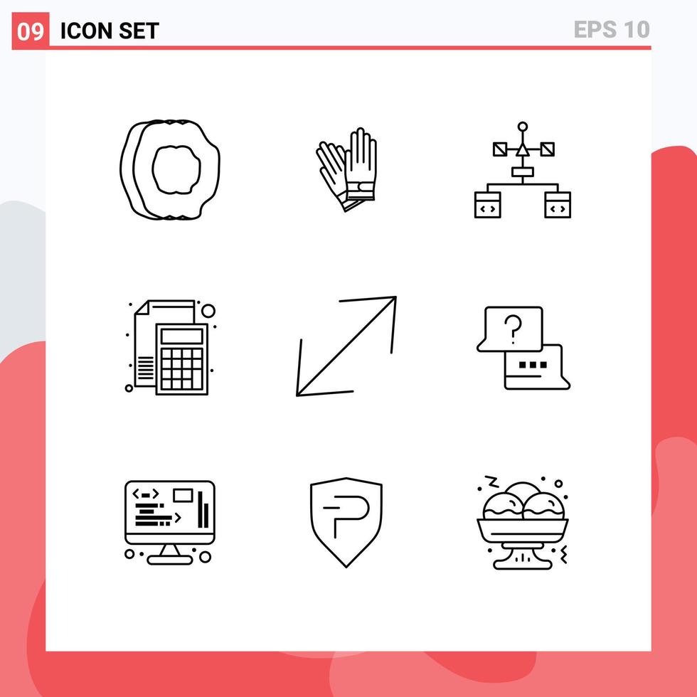 Group of 9 Outlines Signs and Symbols for math calculator repair accounting develop Editable Vector Design Elements