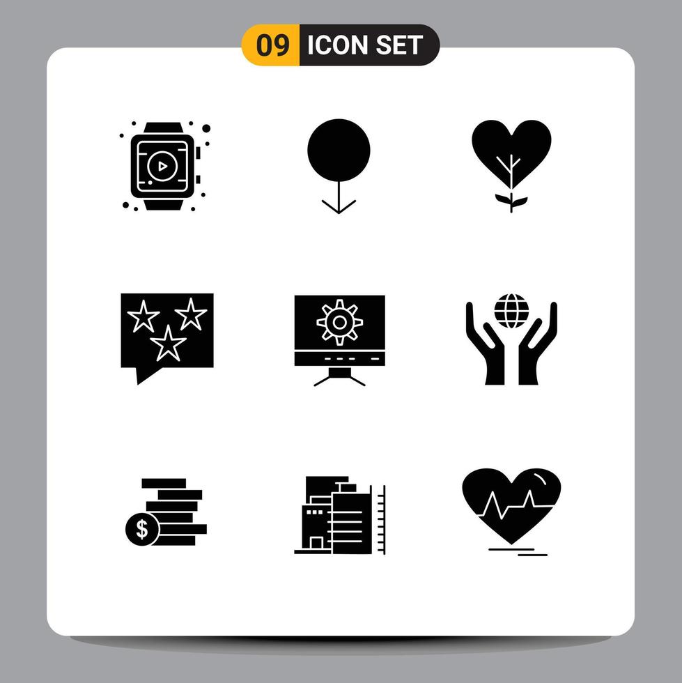 Mobile Interface Solid Glyph Set of 9 Pictograms of setting star like rate chat Editable Vector Design Elements