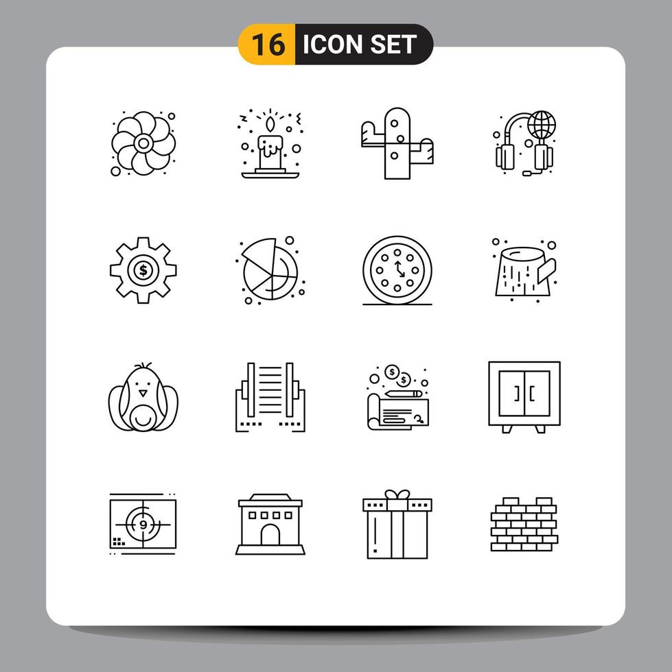Pictogram Set of 16 Simple Outlines of gear cog desert world services Editable Vector Design Elements