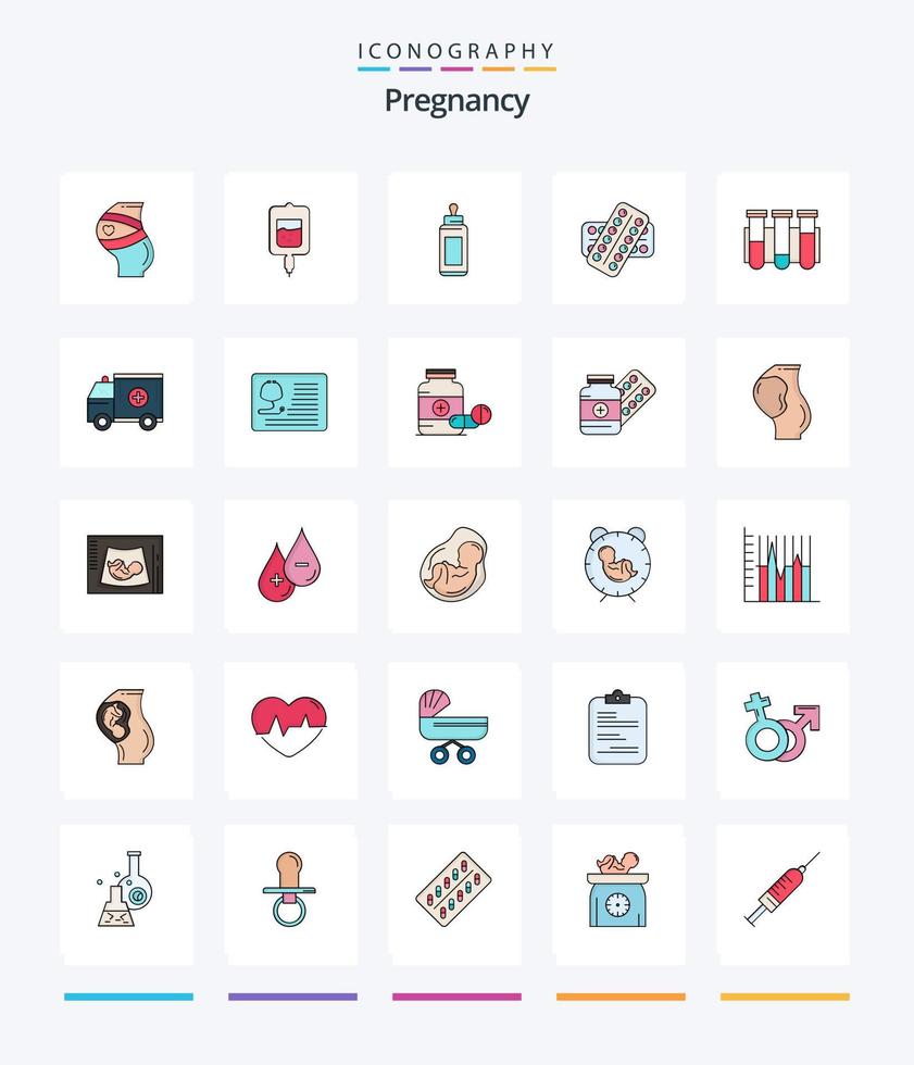 paquete de iconos llenos de 25 líneas de embarazo creativo, como medicina. leche. prueba de azúcar bebé. botella vector