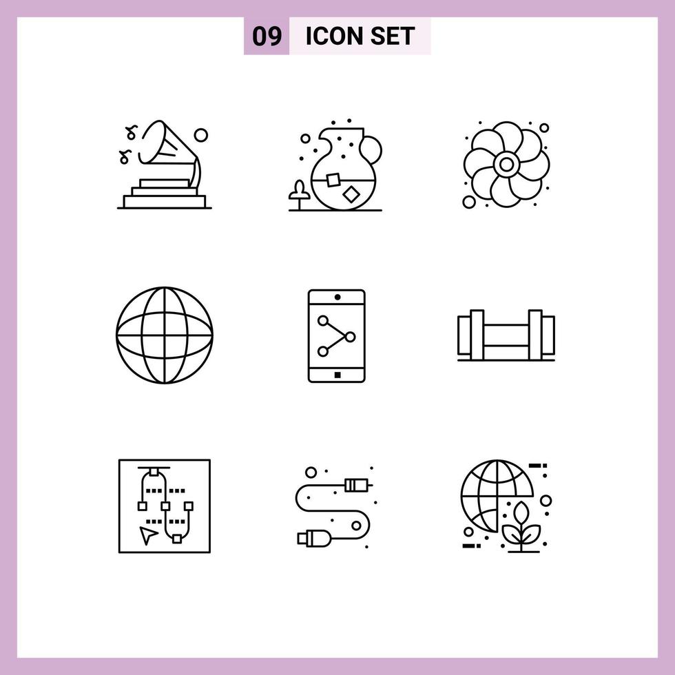 Pictogram Set of 9 Simple Outlines of mobile application app share flower worldwide globe Editable Vector Design Elements