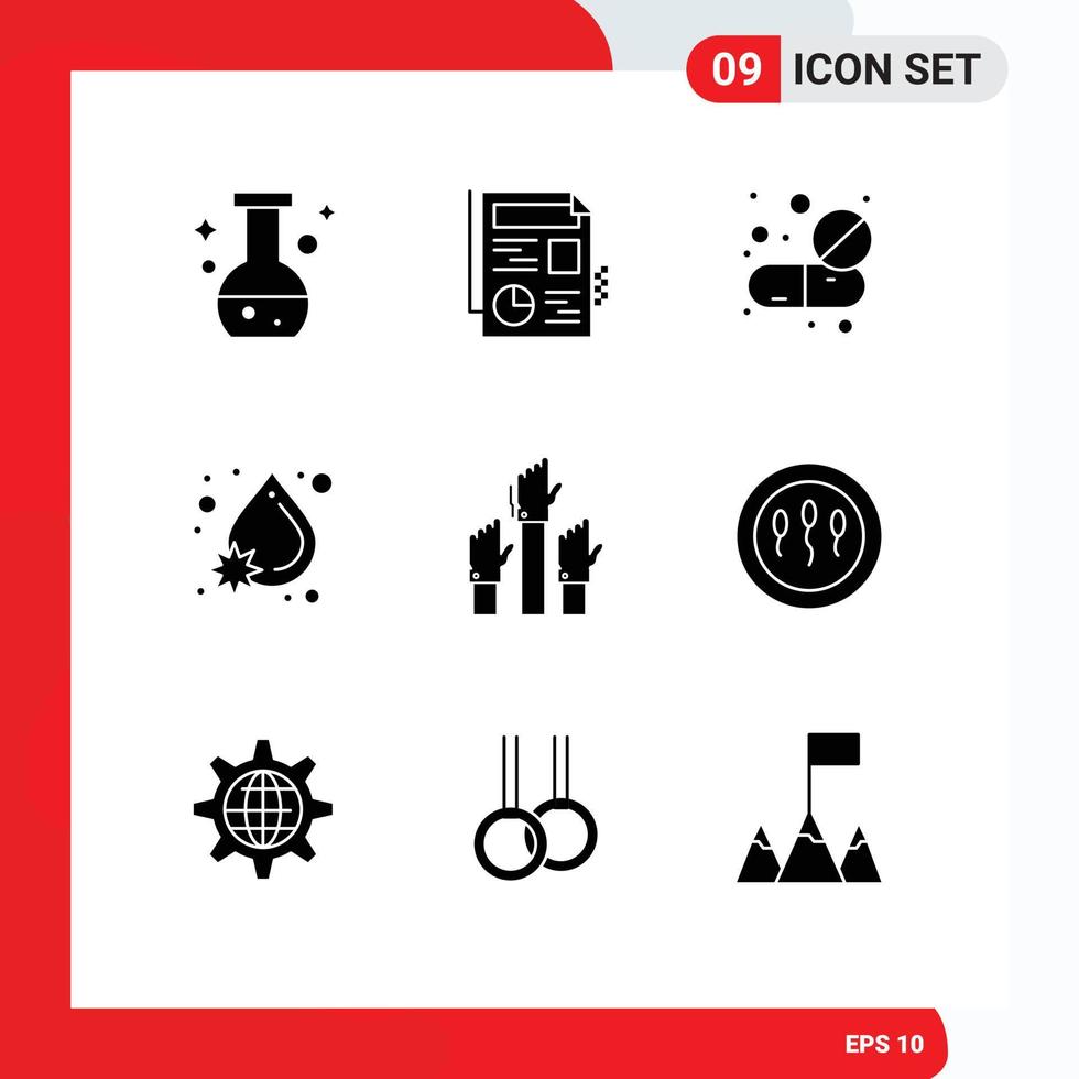 Editable Vector Line Pack of 9 Simple Solid Glyphs of business water drugs drop virus Editable Vector Design Elements